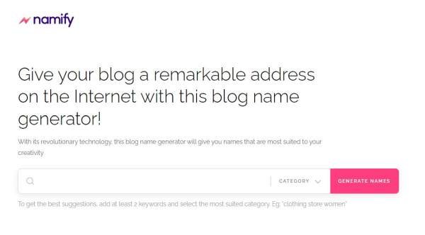 Screenshot of Namify's blog domain name generator