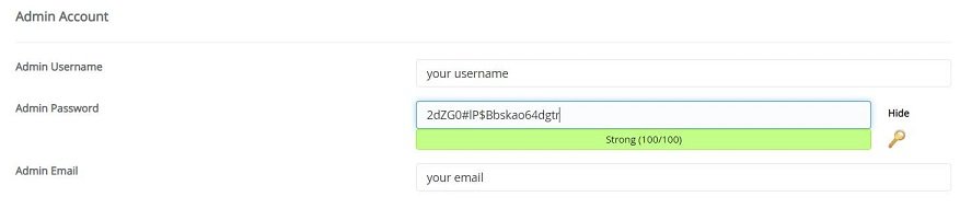 Screenshot of WordPress setup process: choose username and password