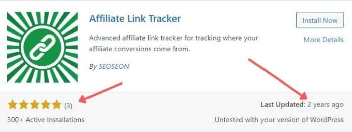 Screenshot showing outdated affiliate plugin