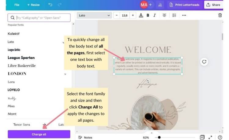 Change fonts on all pages in Canva