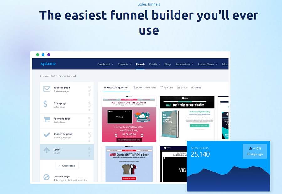 Screenshot of Systeme.io's easiest funnel builder for bloggers