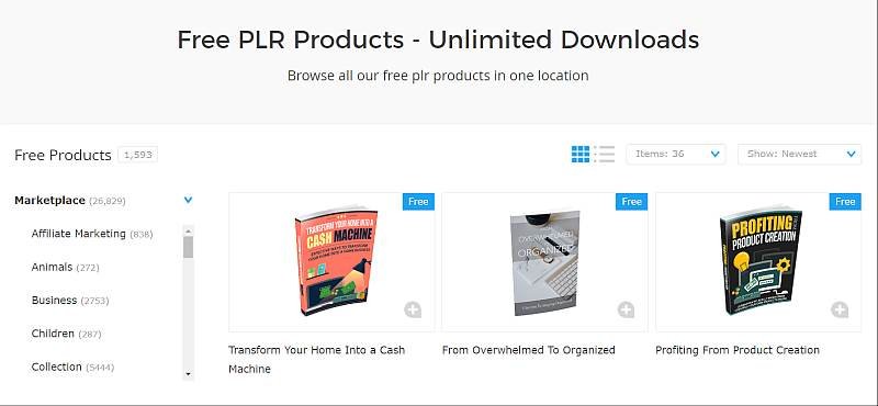 Screen shot of free plr database website