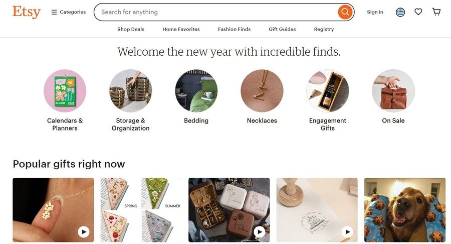 screenshot of the etsy home page