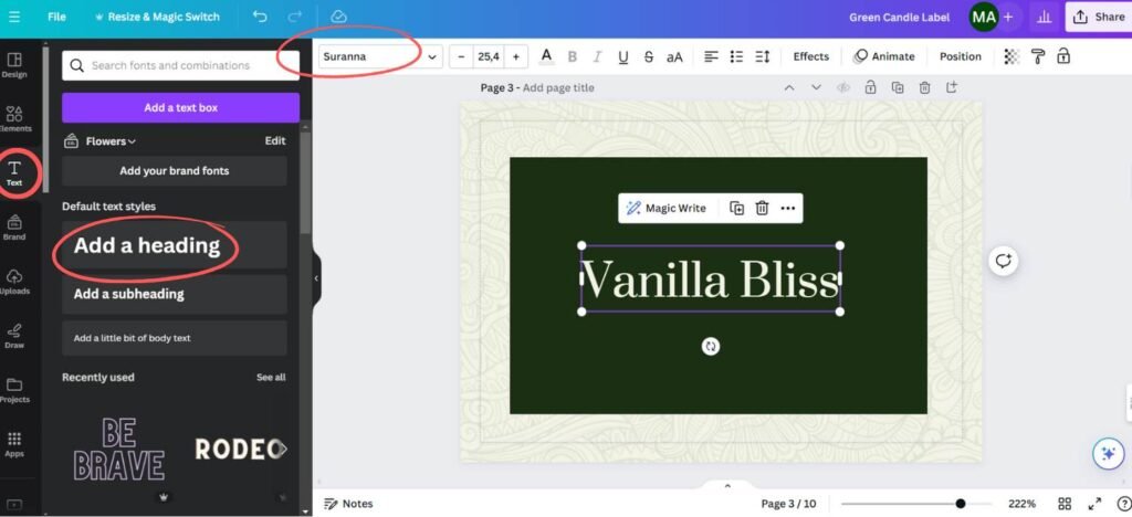 Canva product label tutorial screenshot- add a heading