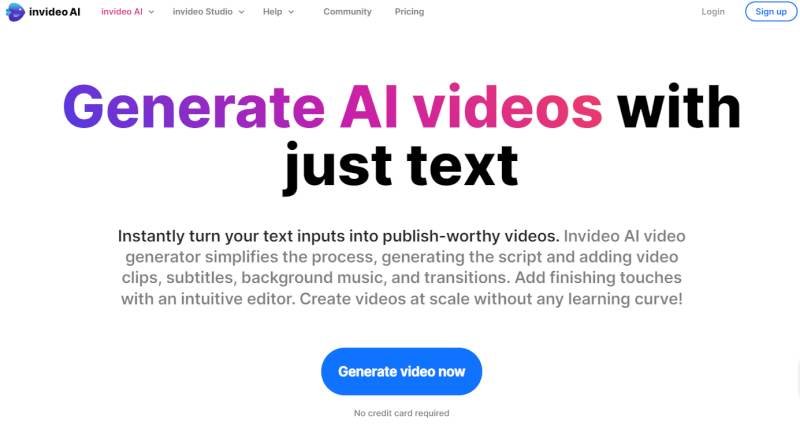 Screenshot of Invideo AI text to video website