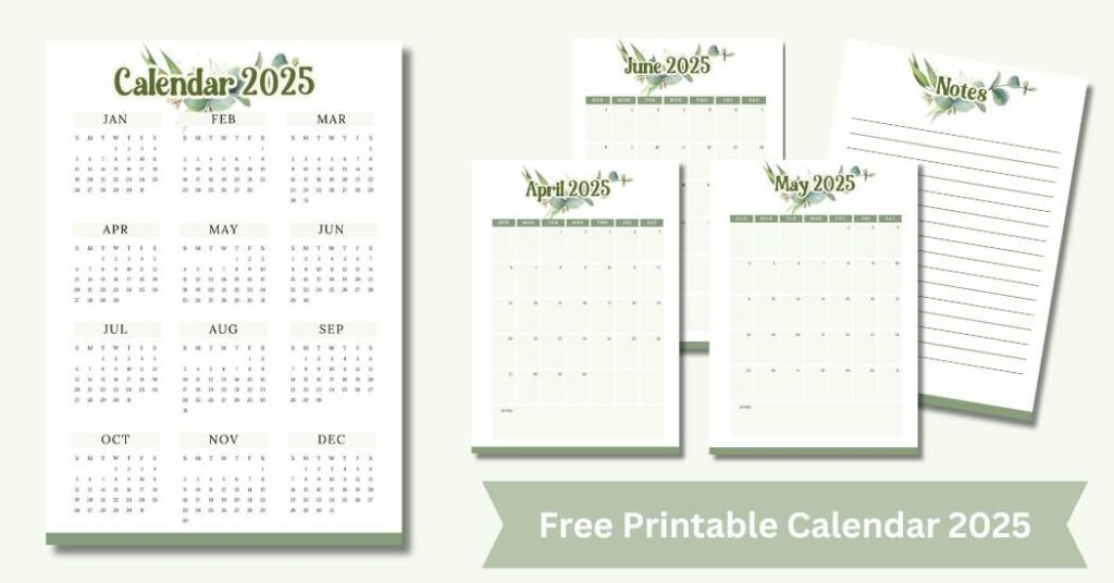 calendar printable pages with green leaves