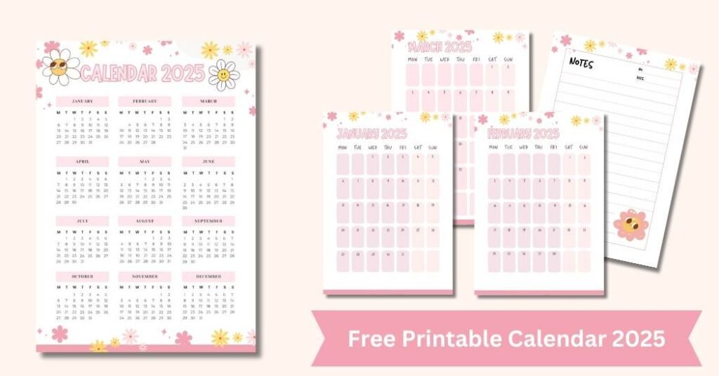 Calendar printables groovy flowers theme