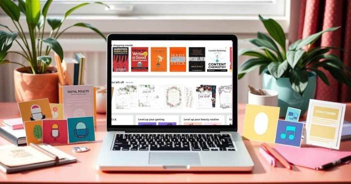 a laptop on a desk with amazon store with digital products