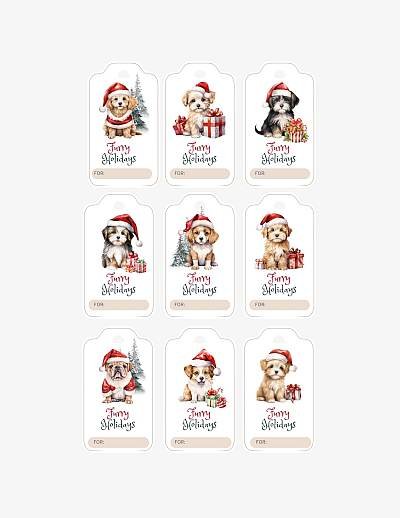 a collection of tags with dogs wearing santa hats