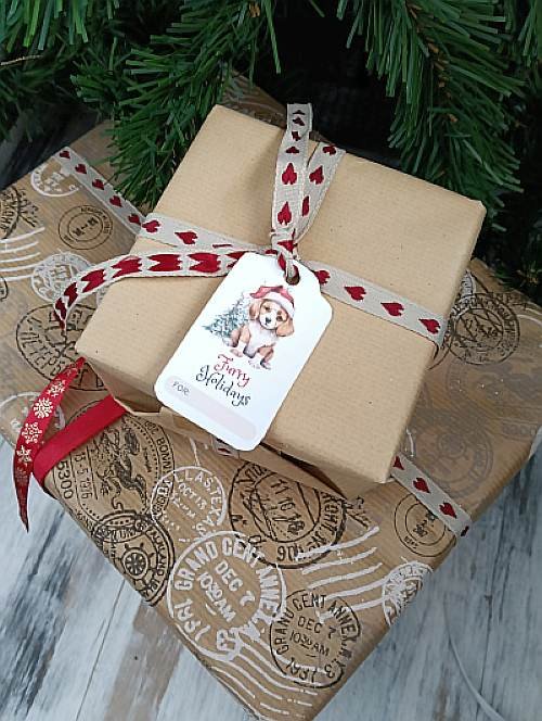 a gift wrapped in brown paper with free printable Christmas tags on top of it