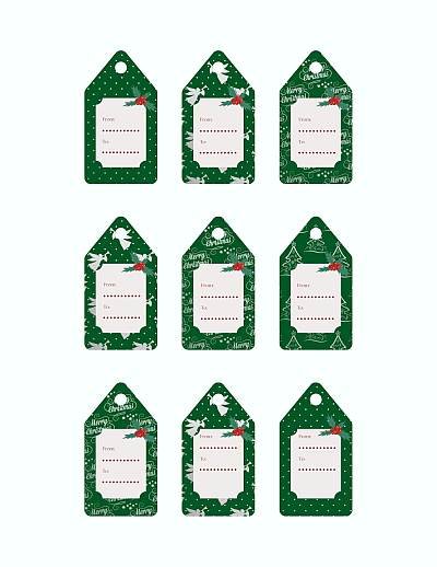 a collection of green and white Christmas tags with holly