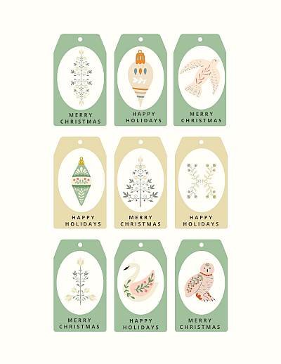 a collection of christmas tags wih scandinavian folk art