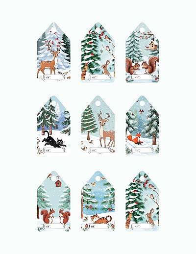 a collection of tags with animals and trees