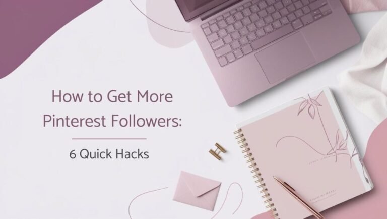 a laptop and notebooks on a table with text: how to get more followers on Pinterest