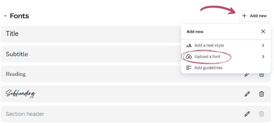 screenshot of the upload fonts button within the Canva brand kit