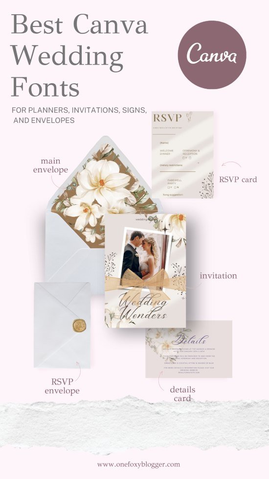 Canva fonts for wedding text and a wedding invitation and envelopes