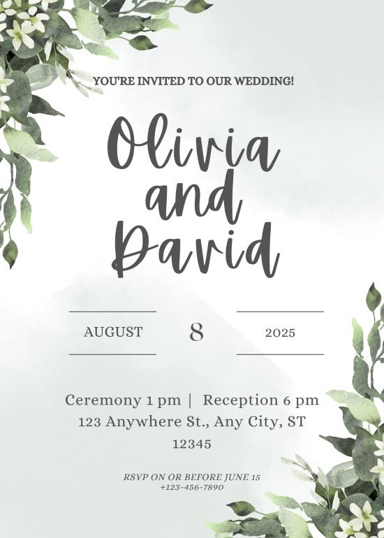 a wedding invitation with flowers and leaves featuring Canva font Apricot