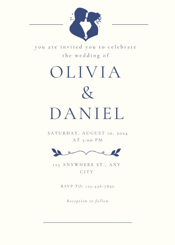 a white and blue wedding invitation featuring the font Cormorant Garamond