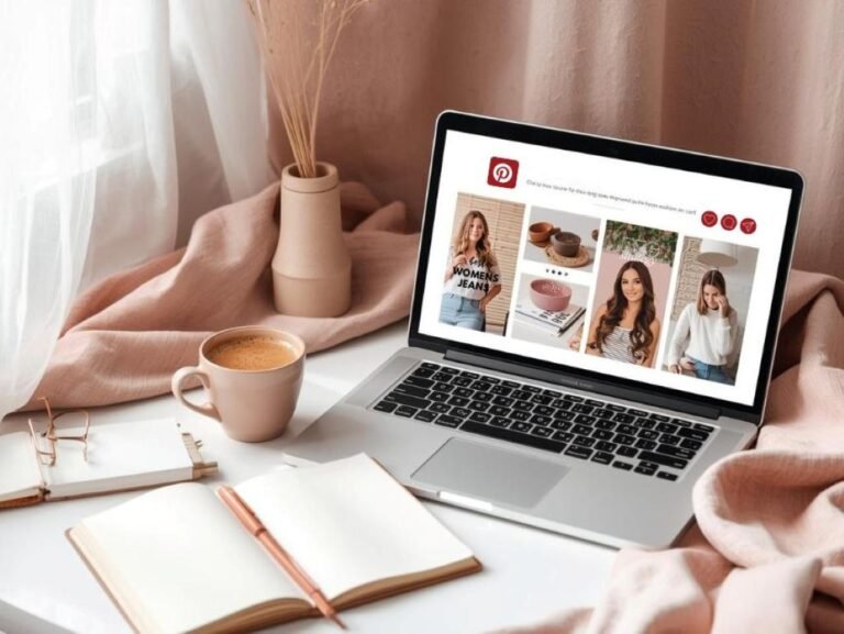 Laptop open on a desk with Pinterest affiliate marketing on screen